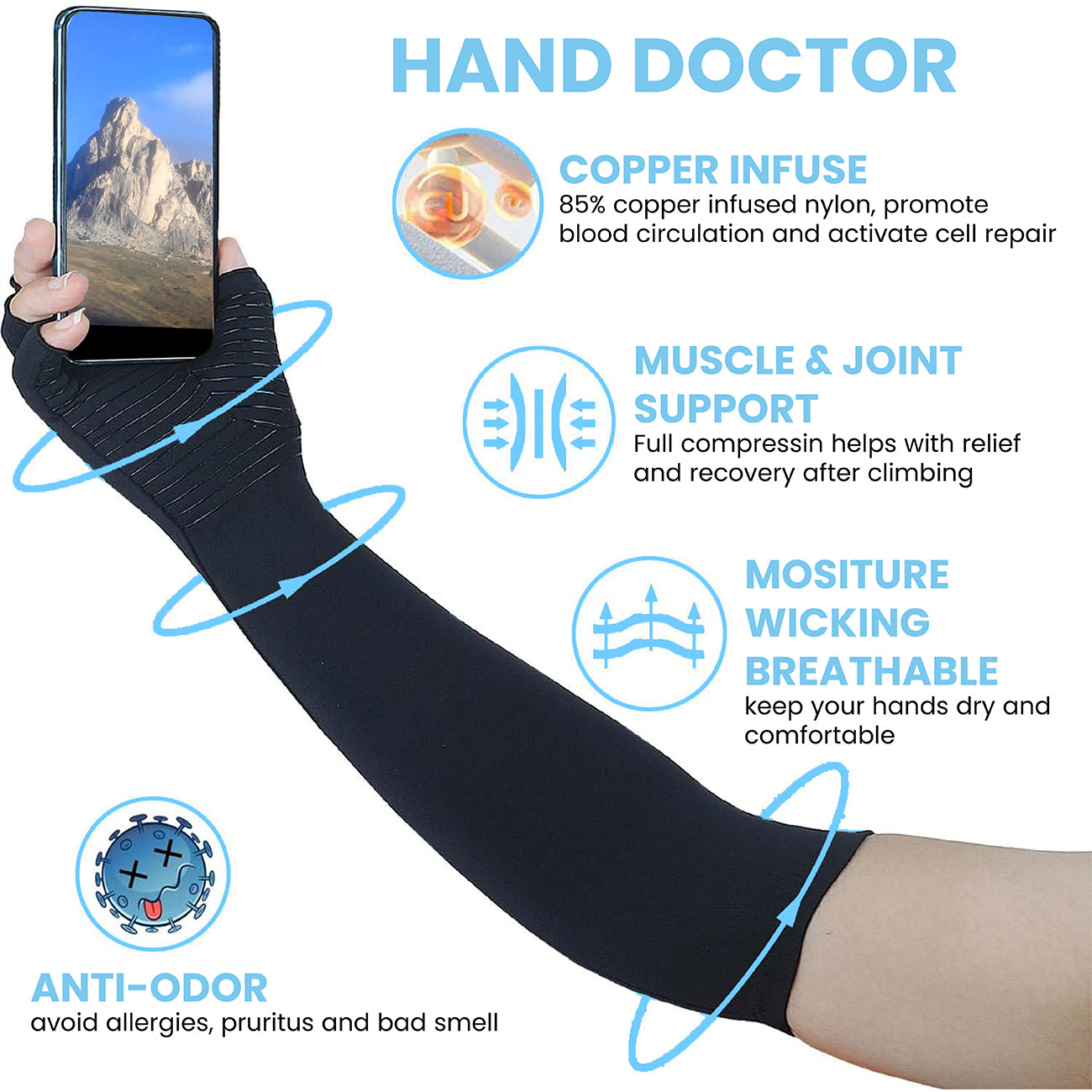 Fast Recovery Copper Infused Long Compression Gloves. Designed For Climbers.