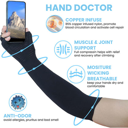Fast Recovery Copper Infused Long Compression Gloves. Designed For Climbers.